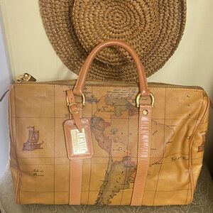 Alviero Martini Boston Maps Classe Tan Leather Made in Italy